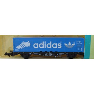 Minitrix 51-3563-00Tragwagen schwarz adidas 40 Container blau mit weißer Schrift ohne OVP