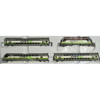 Minitrix 11610 City Airport Train CAT 4tlg., Taurus, 2 Doppelstockwagen, 1 Steuerwagen grau/grün/weiß